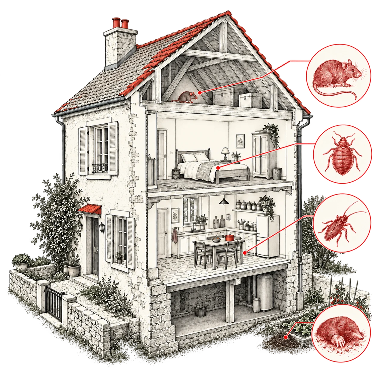 Maison en coupe avec quatre détails agrandis en rouge : un rat dans les combles, une punaise de lit dans la chambre, un cafard dans la cuisine et une taupe au jardin.